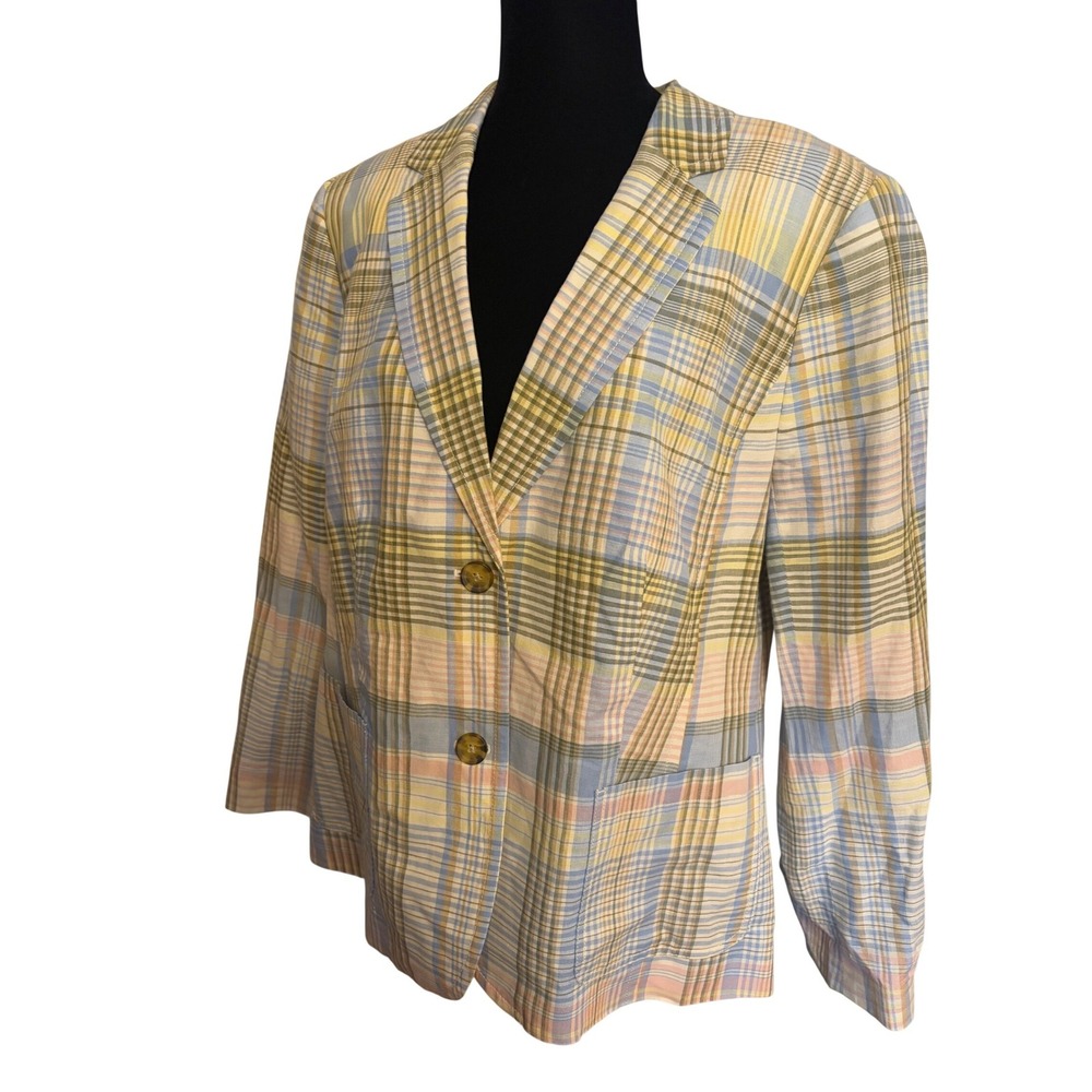 Talbots Womens Plaid Linen Cotton Blazer Jacket Pastel Multi Color Size‎ 18